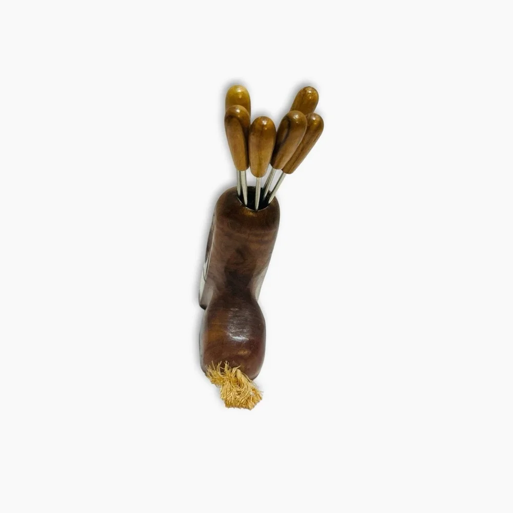 Vintage Wood Dog Bunny Hors D'oeuvres Olive Cocktail Picks Holder Forks Barware